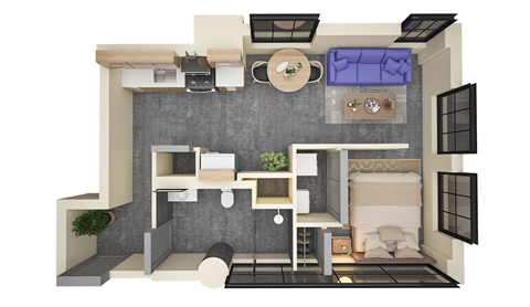 Floor plan for studio, 1 bath, 610 sqft